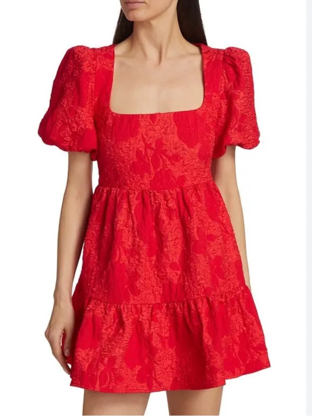As It May Claudia Babydoll Minidress red jacquard bubble puff sleeves medium